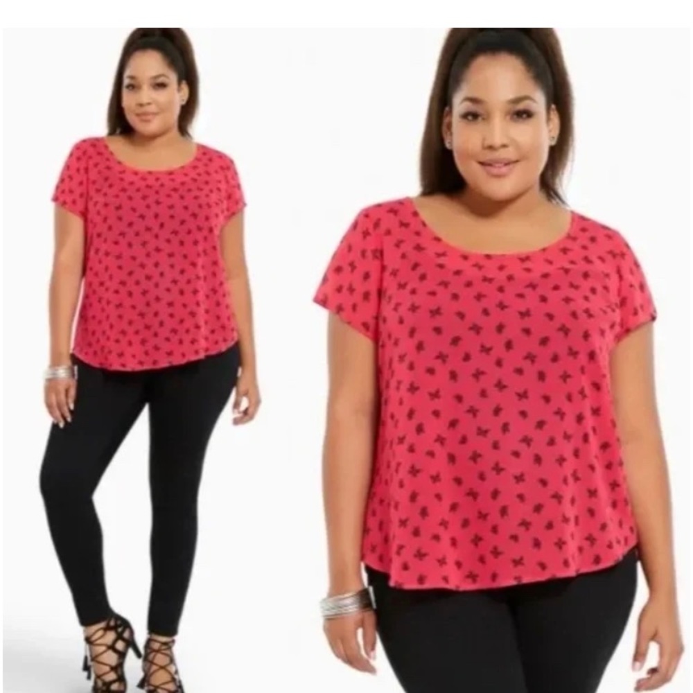 Butterfly Print Sheer Red Blouse